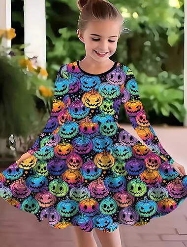  Halloween Pigers 3D Halloween-græskar Kjole Langærmet Sommer Forår Ferierejse Daglig Ferie Prinsesse Smuk Sød Børn 4-12 år Hverdagskjole A Linje Kjole Knælang Regulær