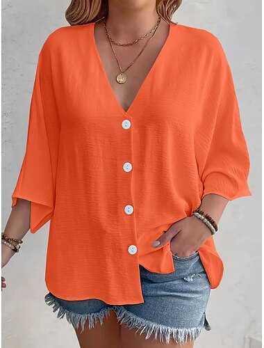  Camisa de Mujer Botón Blusa Sólido Color Estilosa Casual Manga Larga Cuello En V Tops Regulares Diario Botones Negro Blanco Naranja Albaricoque Verano Primavera