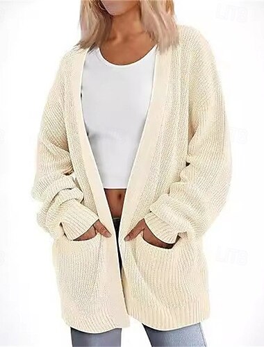  Per donna Felpa Cardigan Moda Streetwear Quotidiano Tinta unica A Coste Aperto davanti Lavorato a maglia Manica Lunga Top lunghi Maglia Ferie Uscire Weekend Nero Bianco Autunno Inverno