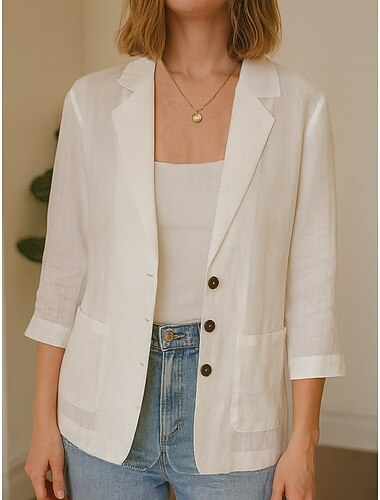  Blazer de Algodão Linho Feminino Confortável Respirável com Bolso Casual Lisa Escritório Rua Uso Diário Com Fechamento Simples Ajuste Regular Manga Longa Casaco Preto Branco Verão