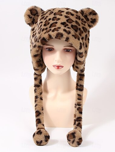  Gorro con estampado de leopardo color caqui, moderno gorro con orejeras de oso, bonito gorro de peluche de dibujos animados, accesorios para disfraces de Halloween, gorro de animal para mujer.