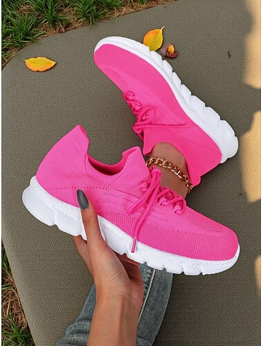  Women's Rose Pink Flyknit Sneakers – Lightweight Breathable Running Shoes for Jogging, Gym and Casual Outdoor Sports