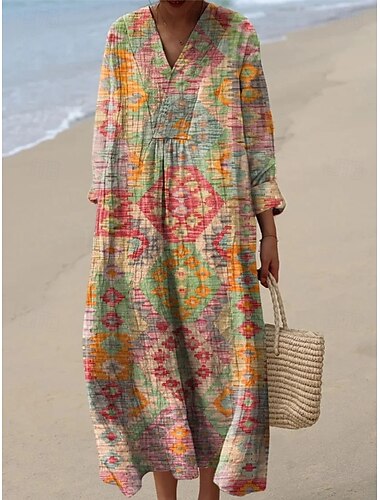  Per donna Abito maxi Vestito Estivo Abito a trapezio Vacanza Casual Uscire Vestibilità comoda Floreale Grafico Paisley Manica Lunga Scollo a V blu navy Rosa Rosso Blu Estate Primavera Autunno