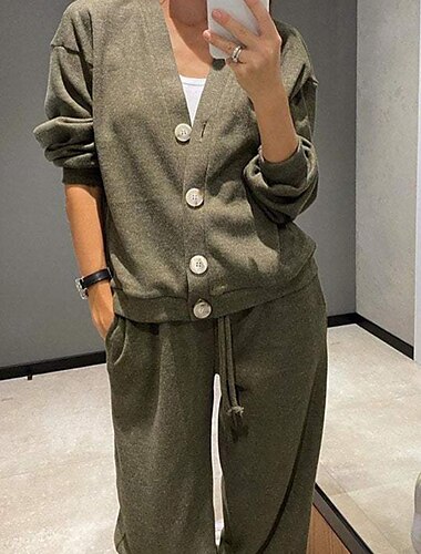  女性用 活発的 ストリートファッション ブラウス パンツセット 長袖 Ｖネック 純色 バケーション デイリーウェア ブラック アーミーグリーン ダスティブルー 秋 レギュラー