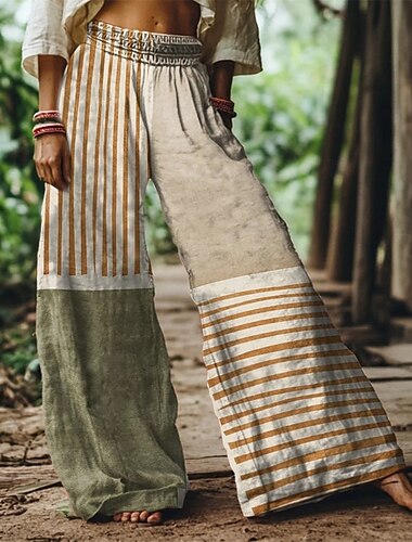  Women's Wide Leg Pants Trousers Palazzo Pants Fashion Boho Full Length High Waist Striped Elastic Waist Breathability Comfortable Street Daily Wear Going out Red Blue Green Spring Fall Regular Fit