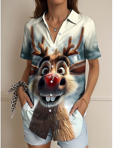  Weihnachten Damen Hemd Grafik Tiermotiv 3D Vintage Tropisch Täglich Ärmellos Kurzarm Hemdkragen Normale Oberteile Täglich Salbeigrün Braun Grün Sommer Frühling Winter