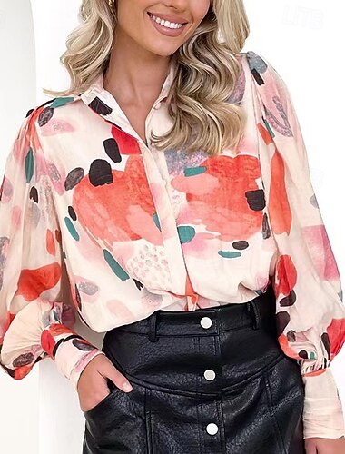  Mujer Camisa Floral Elegante Moderno Manga Larga Cuello Camisero Tops regulares Diario Festivos Botones Estampado Amarillo Rojo Primavera Otoño