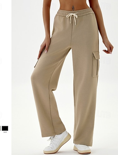  Dame Fritidsbukser Cargo-joggebukser Med lommer Midjekontroll Høy Midje Treningsstudio Trene Treningsklær Bunner Helfarge Svart Grønn Kakifarget Høst sport Sportsklær Løstsittende