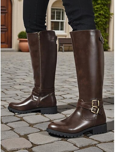  Botas de montaria femininas de cano alto, cor café, com fivela – botas clássicas de couro sintético com cano largo para outono, viagens e uso diário