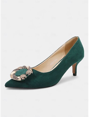  Sapatos de salto gatinho de camurça verde femininos com fivela de cristal - elegantes sapatos de bico fino para coquetéis e eventos noturnos