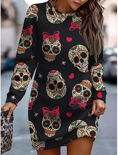  Halloween Damen Minikleid Etuikleid Freizeit Urlaub Ausgehen Regular Fit Grafik Totenkopf Langarm Rundhals Schwarz Frühling Herbst Winter