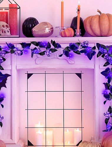 halloweeni lila rózsaszőlő girland LED-es lámpákkal, függő művirág parti mennyezeti dekorációhoz, világító halloweeni dekoráció