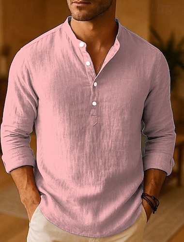  Herr Skjorta Linneskjorta Popover skjorta Casual skjorta Bomullskjorta Slät Semester Hawaiisk Svart Vit Rosa Kaki Långärmad Bandkrage Vår Höst Kläder