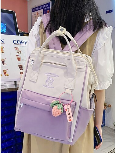  Mochila con bloques de colores kawaii para chicas adolescentes: mochila escolar ligera con gran capacidad y llavero de fruta para uso diario y en el campus.