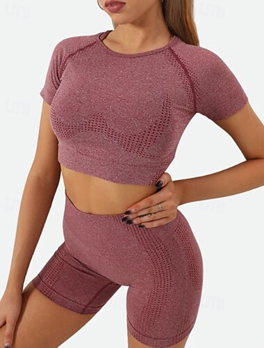  Női 2 darab Edzőkészletek Rövidnadrág és crop top Tömör szín Ruházat Stétszürke Tókék Edzőterem edzés Magas derék Rugalmas Légáteresztő Rövid ujjú Sport Sportruházat Vékony