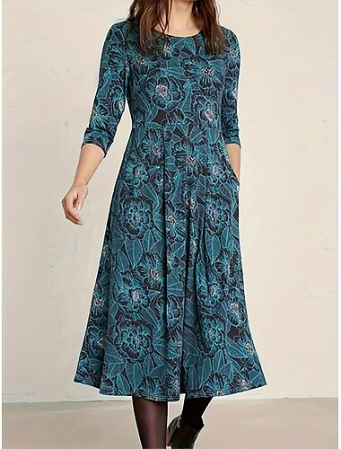  Women's Long Dress Maxi Dress Boho Dress Fashion Modern Daily Holiday Going out Loose Fit Floral Long Sleeve Crew Neck Dark Blue Spring Fall