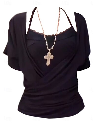  Per donna Camicia di Pizzo Tinta unica Elegante Moderno Manica Corta All'americana Top Regolari Quotidiano Ferie Pizzo Patchwork Nero Blu marino Viola Estate