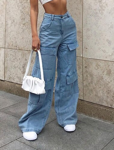  Per donna Gamba larga Pantaloni Eleganti Casual Morbido Lunghezza intera Naturale Semplice Gamba larga Tasche Multiple Comodo Streetwear Weekend Azzurro Primavera Autunno Aderente