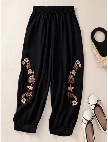 Per donna Pantaloni in cotone e lino Chinos Moda Essenziale Etnico Lunghezza intera Vita media Floreale Ricamato Tasca Coulisse Comodità All'aperto Elasticizzato Vacanza Streetwear Casual Nero Bianco