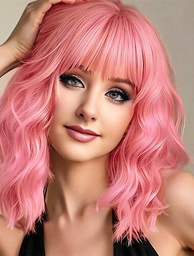  Różowe peruki, krótkie falowane włosy, pastelowy bob, peruka z grzywką, syntetyczne włosy do ramion, dla kobiet, kolorowa peruka cosplay, syntetyczne włókno odporne na ciepło, do codziennego użytku na