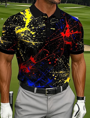  Herre Golf Splash blæk Polo Sports polo shirts Kortærmet Polo skjorter Skjorter med krave Afslappet atletiktøj 3D-udskrivning Knapper Sommer Sort Hvid