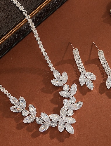  Women's Crystal Leaf Necklace and Dangle Earrings Set - Elegant Zircon Jewelry for Evening Parties and Formal Events