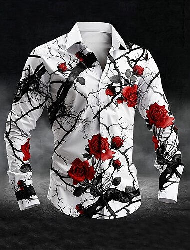  Pánské Květiny Růže Košile Košile na knoflíky Dlouhý rukáv Temný gotický styl Dovolená Streetwear Léto Jaro Přehnutý 3D tisk košile s límečkem Bílá