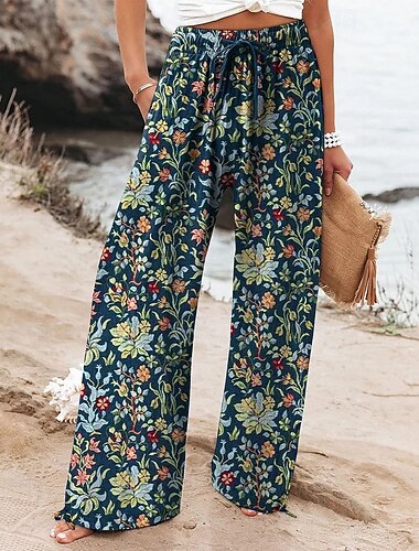  Mulheres Perna larga Calças Calça Palazzo Moda Boho Comprimento total Cintura Alta Flor Cintura elástica Com Cordão Imprimir Respirabilidade Confortável Rua Roupa Diária Para Noite Azul Escuro