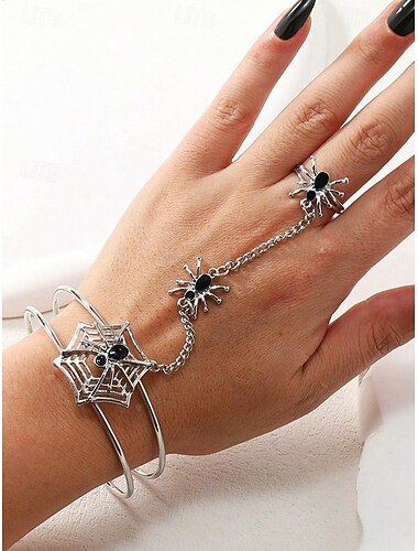  Ensemble de bracelets et bagues en toile d'araignée pour femme, style gothique, en alliage, ajustable, idéal pour les fêtes et les cosplays.