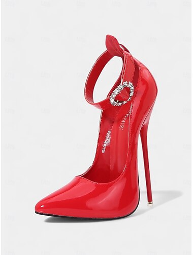  Scarpe con tacco a spillo in vernice rossa da donna - tacchi alti a punta con cinturino alla caviglia in strass per feste notturne e abbigliamento da discoteca