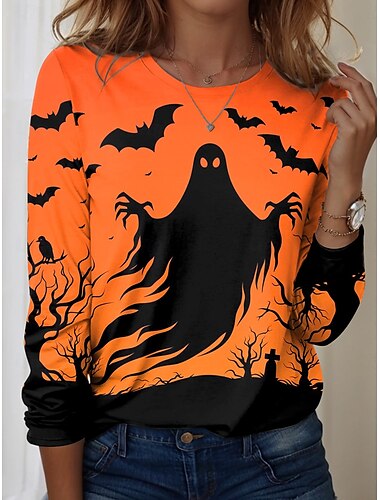  Halloween Dámské Tričko Grafika Abstraktní Vinobraní stylové Klasické Dlouhý rukáv Tričkový Běžné topy Denní Víkend Tisk Černá Žlutá Oranžová Léto Jaro Podzim