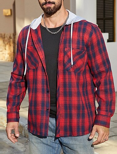  Homens jaqueta leve Jaqueta de Camisa Jaqueta casual Cabana Férias Diário Respirável Bolsos Primavera Outono Xadrez Moda Clássico Com Capuz Padrão Vermelho Azul Casaco