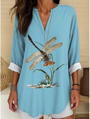  Dámská blůza tunika V výstřih dlouhý rukáv Boho casual topy grafické zvířata vážka vintage tropické dlouhé topy každodenní nošení tisk bílá modrá fialová zelená