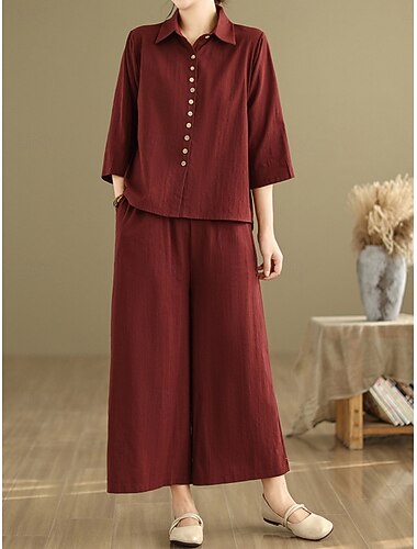  Per donna Elegante Moda Streetwear Set di biancheria in cotone Manica 3/4 Colletto a Camicia Tinta unica All'aperto Lavoro Casuale Arancione Marrone Cachi Estate Vestibilità regolare