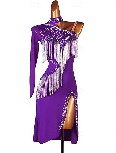  Zwarte dansjurk voor dames – ingewikkeld ontwerp, franje/pailletten detail, perfect voor Latijns-Amerikaanse dans &ballroomvoorstelling, oefening &podiumshows