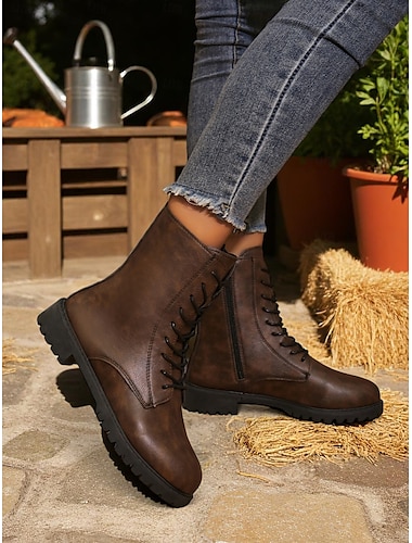  Bottes de combat en similicuir marron pour femmes avec fermeture éclair latérale – bottines à lacets pour le travail en extérieur en automne, les tâches agricoles et les tenues décontractées de tous les jours