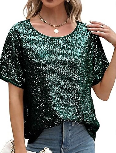  Naisten T-paita sparkly Muoti Moderni Lyhythihainen Tiukka pyöreä kaula-aukko Tavalliset topit Päivittäin Viikonloppu Paljetti Hopea Musta Punastuvan vaaleanpunainen Viini Apila Kesä