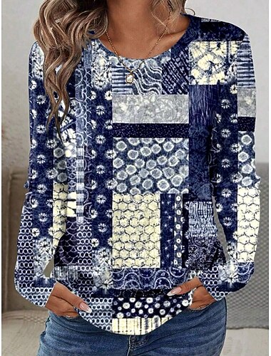  Dámské tričko s krátkým rukávem kulatým výstřihem dlouhým rukávem tunika grafika geometrická paisley vintage stylová klasická kulatý výstřih běžné topy denní tisk královsky modrá hnědá zelená podzim