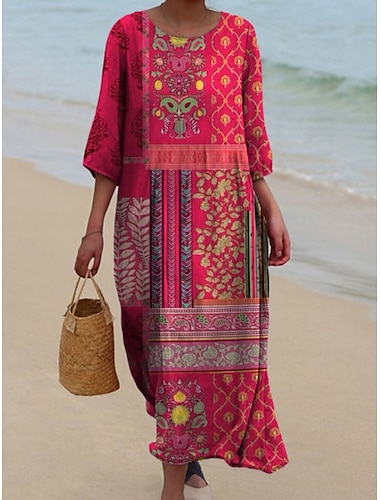 Per donna Abito Midi Vestito Casual Abito Stampato Vintage africano Quotidiano Spiaggia Weekend Vestibilità regolare Floreale Blocco di colori Manica 3/4 Girocollo Giallo Rosa Rosso Estate Primavera