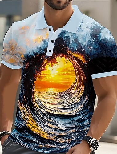  Herre hav Solnedgang Polo Kortermet Poloskjorter Fritid Gate treningsklær Dagligdagstøy 3D-utskrift Knapper Sommer Blå Himmelblå