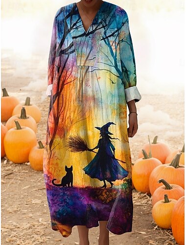  Halloween Damen Maxikleid Sommerkleid A Linie Kleid Lässig Ausgehen Grafik Langarm V Ausschnitt Gelb Orange Grün Regenbogen Sommer Frühling Herbst