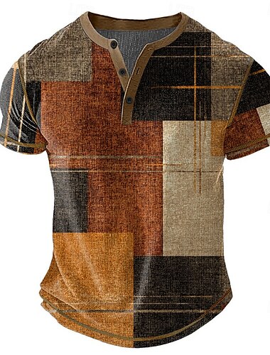  Homens Xadrez Retalhos Camisa Henley Camiseta Waffle Manga Curta Diário Retro Vintage Clássico Esportes Casual Feriado Primavera Verão Todas as Estações Marron Escuro Cinzento Escuro Azul Escuro Verde