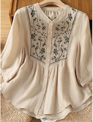  Damen Baumwoll-Leinen-Hemden Blumen Bohemien Lässig Dreiviertelarm Rundhalsausschnitt Normale Oberteile Täglich Bestickt Grün Aprikose Sommer Frühling Herbst