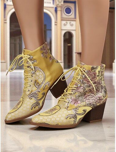  stivaletti alla caviglia da donna in jacquard giallo con lacci e tacchi spessi - stivaletti corti in stile barocco vittoriano di fine XIX secolo per donne, ideali per abiti autunnali, feste in