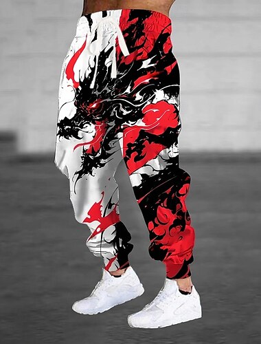  Men's Animal Dragon Dark Sweatpants Joggers Trousers Mid Waist Drawstring Elastic Waist Casual Jogging Streetwear Workout Athletic Sweatpants with Pockets Spring Fall 3D Print White