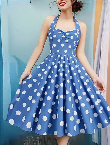  Vestito midi rockabilly retro vintage anni '50 in Grease Vestito swing Vestito a campana Vestito a pois Halter Neck Costume Carnevale vacanza indossabile quotidiano festa a tema retrò Vestito per