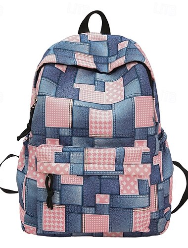  Vintage denim patchwork-ryggsekk – trendy blå skolesekk for tenåringsjenter og -gutter, skolestart og hverdagsbruk