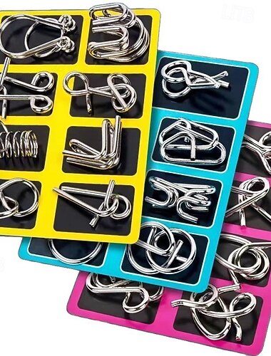  Jeu de 24 puzzles en fil métallique avec pochette, casse-tête, test de QI, démêler les liens en fer, déverrouiller le jeu d'interverrouillage, anneau chinois, tour de magie, jouet pour fête, défi pour enfants et adultes