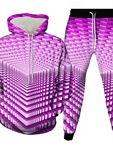  Herre Geometrisk 3D Print 2stk 3D sweatshirt sæt Træningsdragt Hættetrøje Langærmet Lange bukser Hætte Afslappet Hverdag atletiktøj 3D-udskrivning Forår Efterår Vinter Gul Grøn Rød