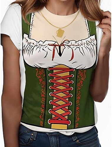  Oktoberfest Damen T Shirt Grafik Mode Stilvoll Modern Kurzarm Rundhalsausschnitt Normale Oberteile Täglich Wochenende 3D-Druck Schwarz Weiß Braun Grün Sommer Frühling
